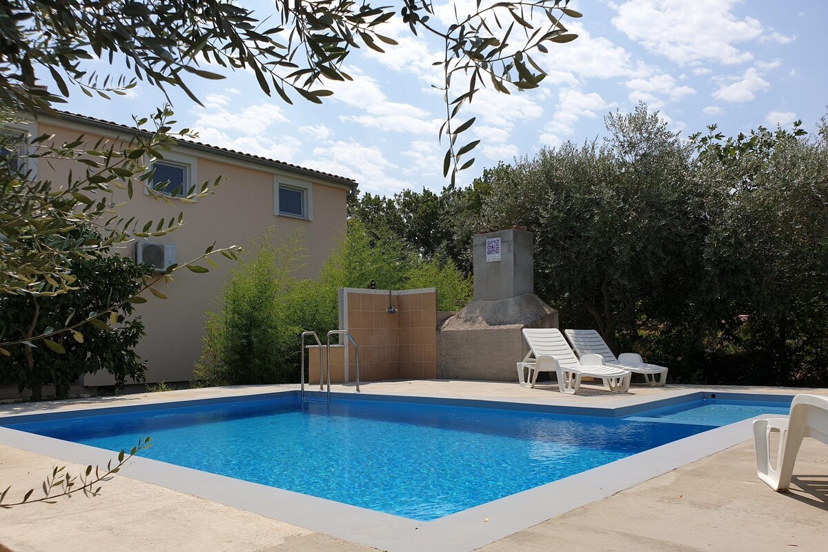 A swimming pool with a concrete deck, surrounded by greenery and a building.