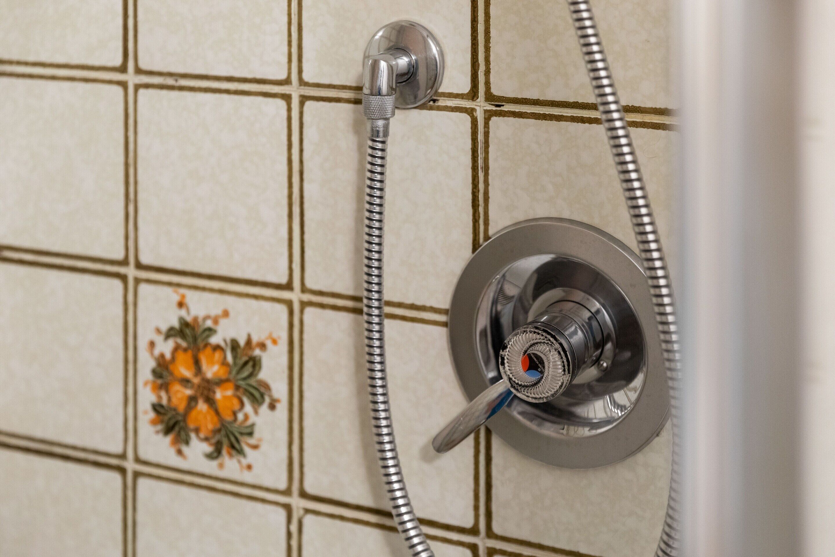 A shower with a flexible hose and a circular control valve.