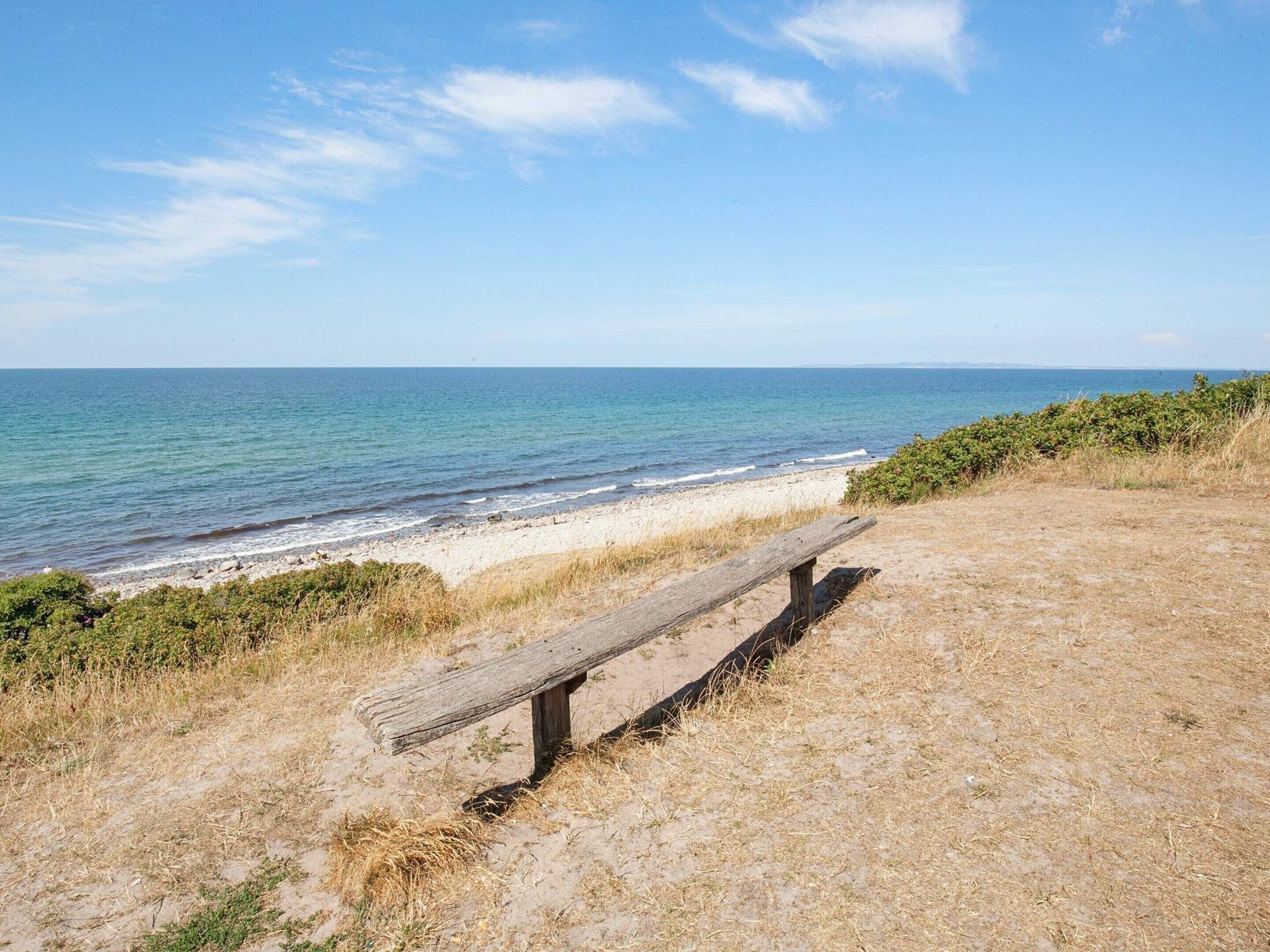 Une plage avec un banc en bois et une vue dégagée sur l’océan.