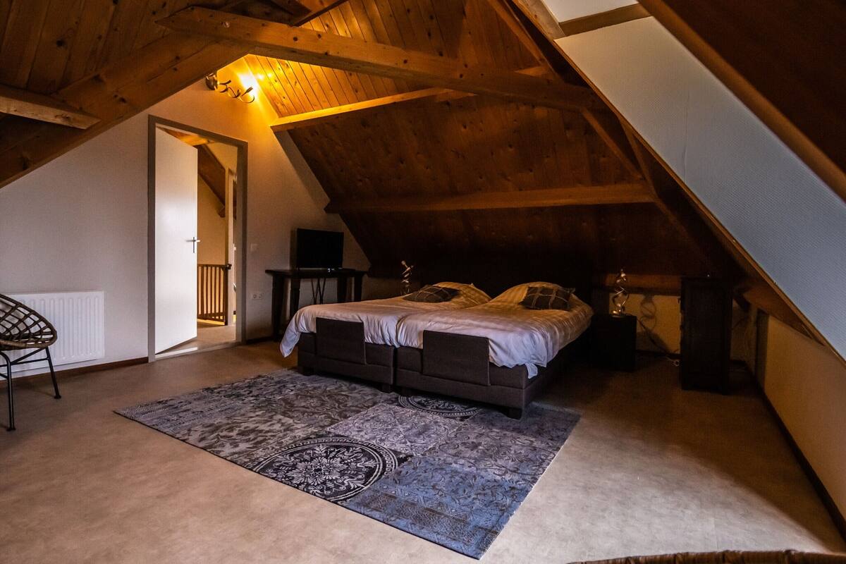 A bedroom with a sloped ceiling, a bed, a chair, a desk, and a TV.