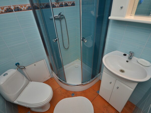 A bathroom with a glass-enclosed shower, a white sink, and a toilet.