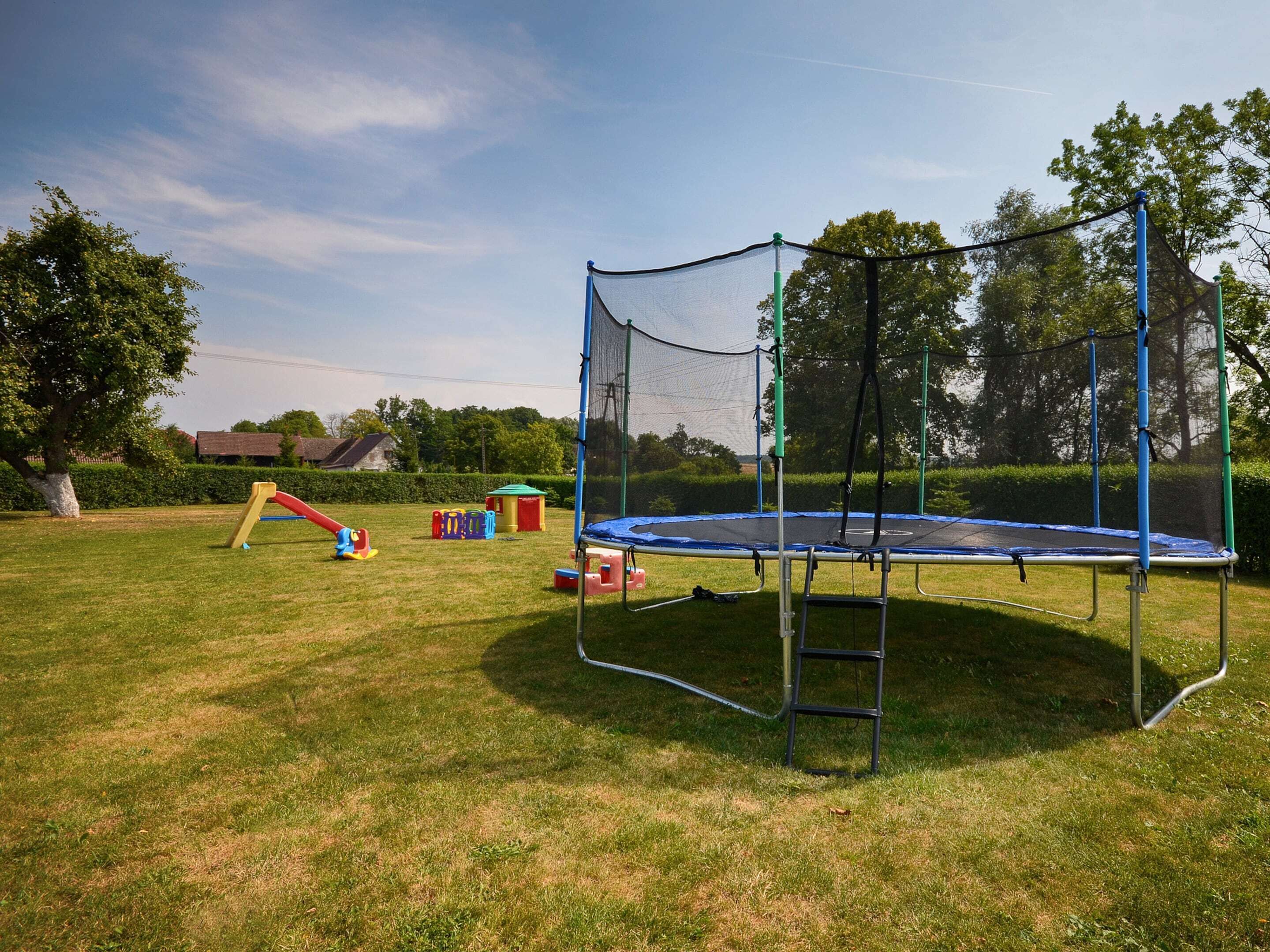 A trampoline with a safety net enclosure in a grassy outdoor area.