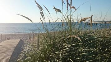 A beach with a wooden boardwalk leading to the water, and tall grasses in the foreground.