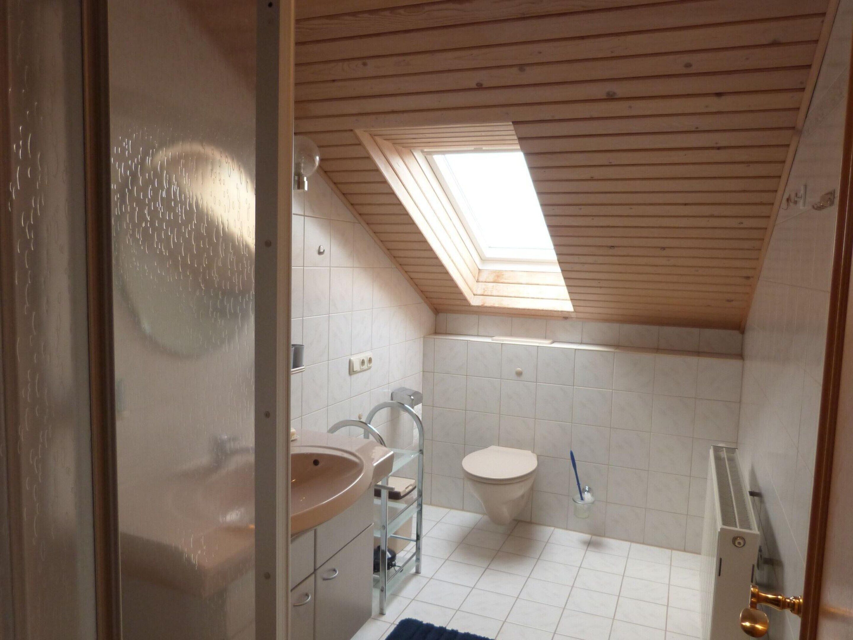 A small, compact bathroom with a skylight, a sink, a toilet, and a shower area.