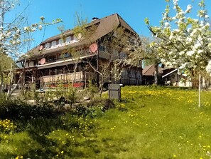 A traditional wooden house with a balcony, surrounded by a garden with yellow flowers. - Beautiful Apartment in a Black Forest House With Conservatory (Bernau)