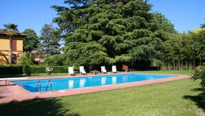 A rectangular swimming pool with a tiled deck, surrounded by a well-maintained lawn and several white lounge chairs.
