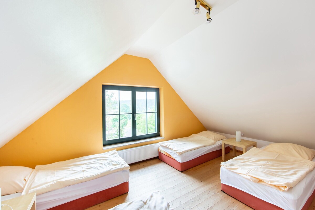 A room with two beds, a window, and a radiator.