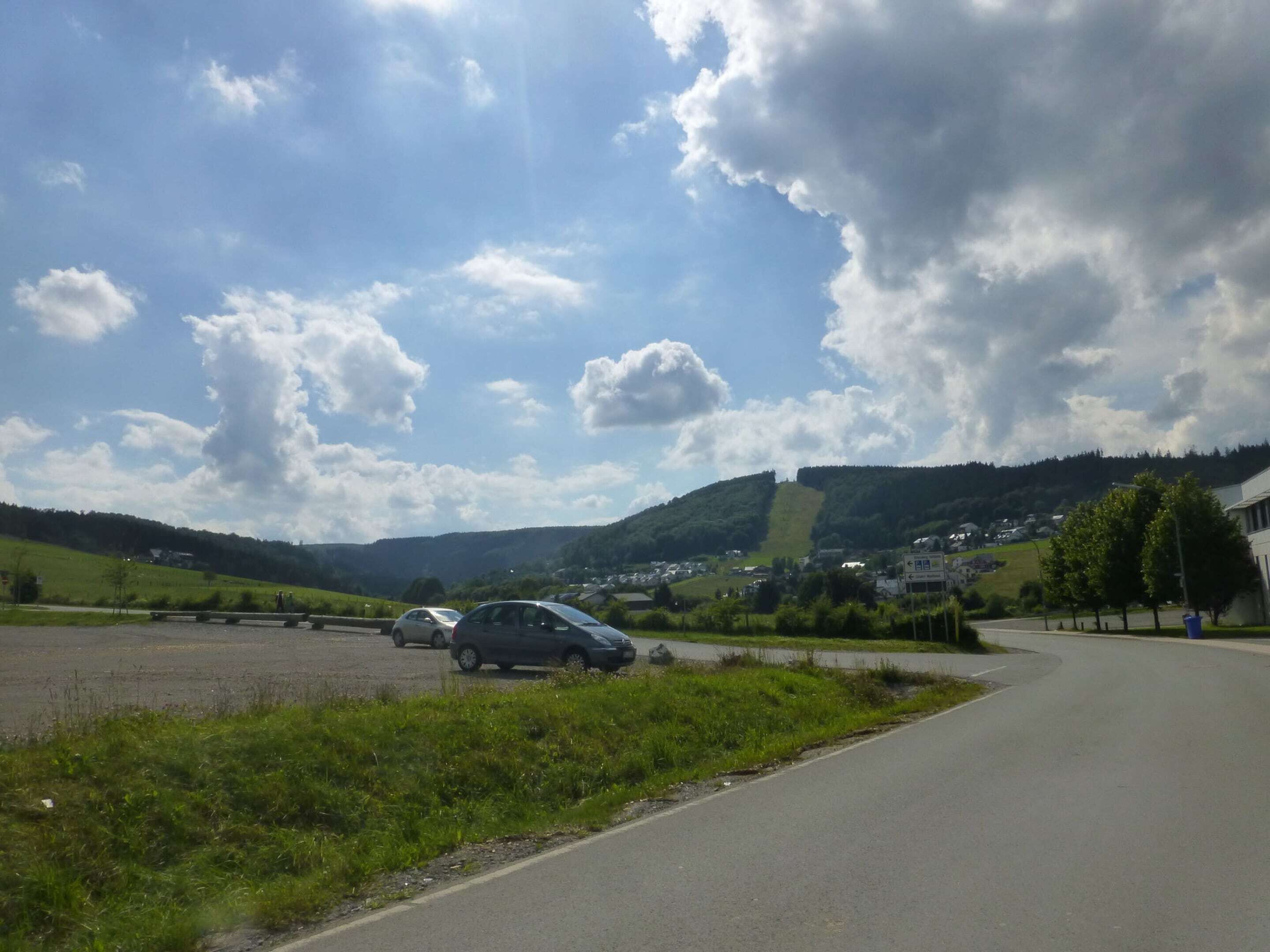 A road with parked cars, a grassy area, and a town in the background with houses and a hill.