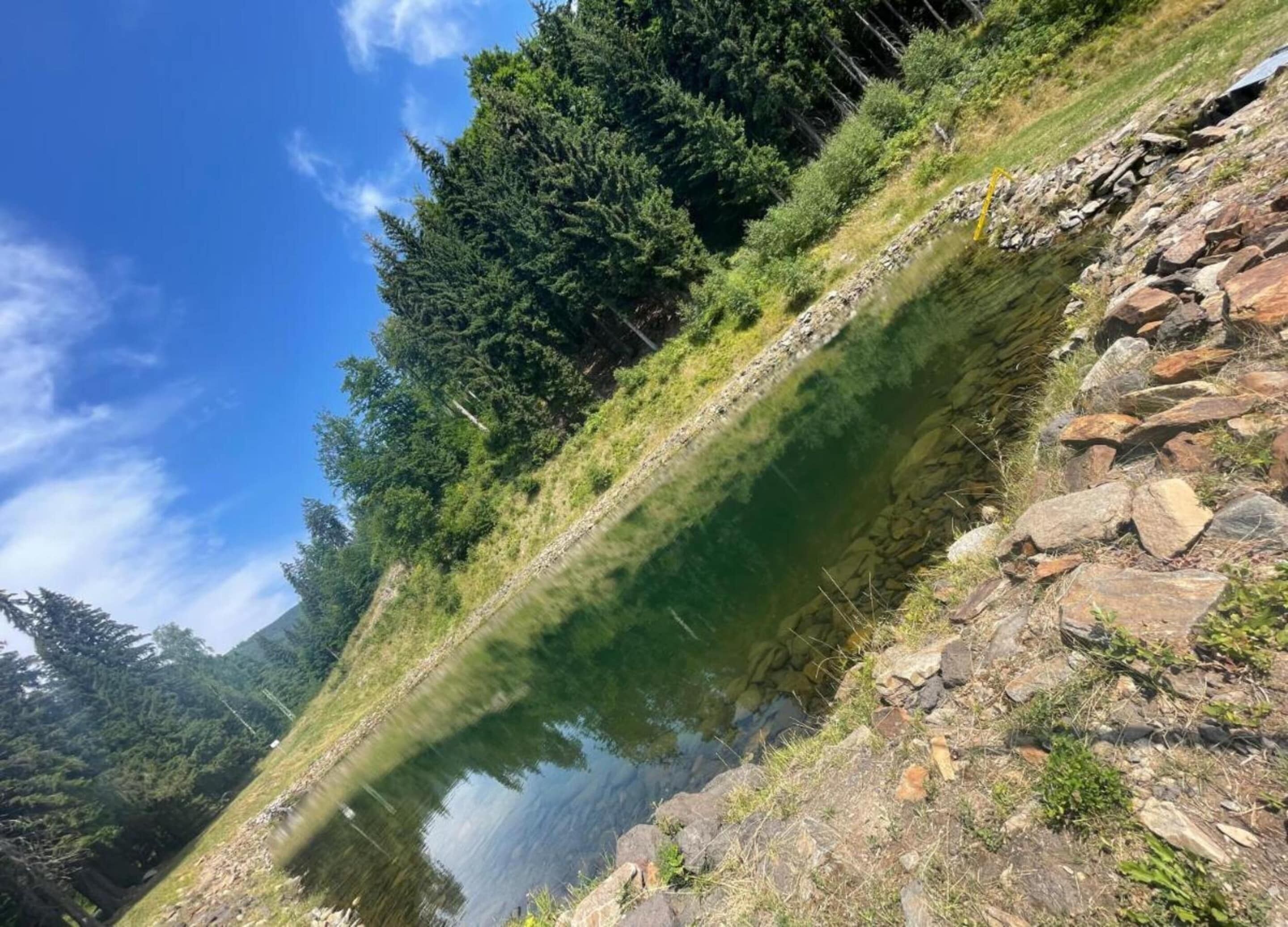 A natural landscape with a clear water body, surrounded by dense forest and rocky terrain.