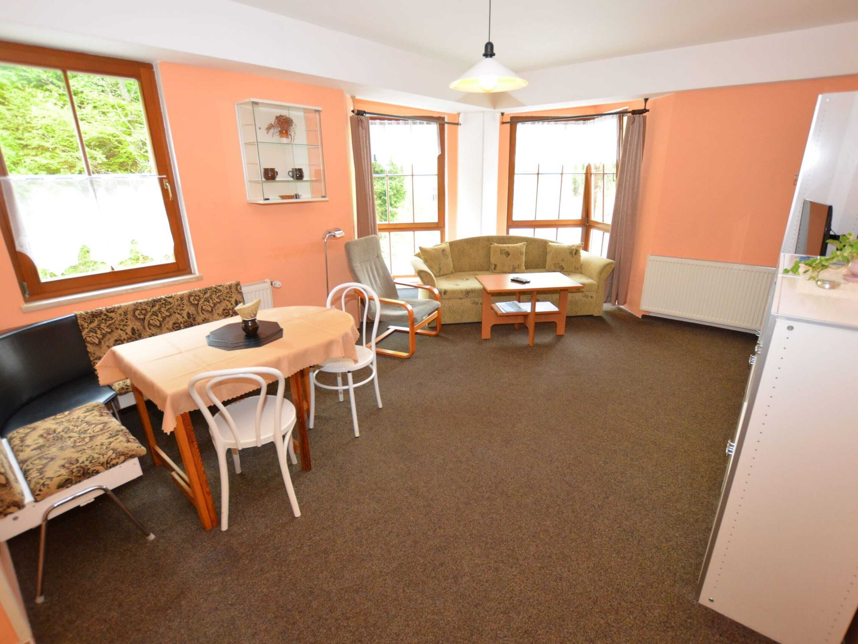 A cozy room with a dining table, chairs, a sofa, and a small table. There are windows with curtains, a radiator, and a plant on the windowsill.