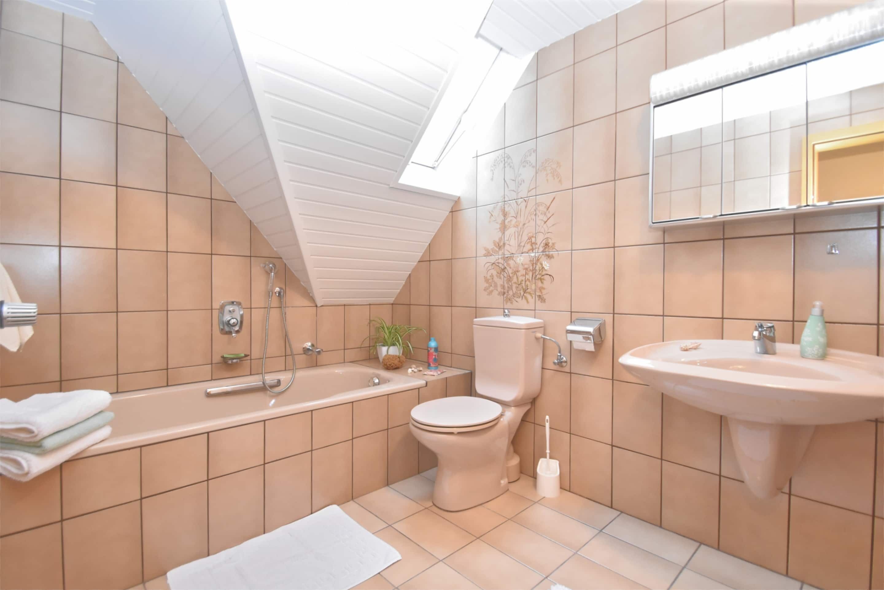 A bathroom with a bathtub, toilet, sink, and a skylight.