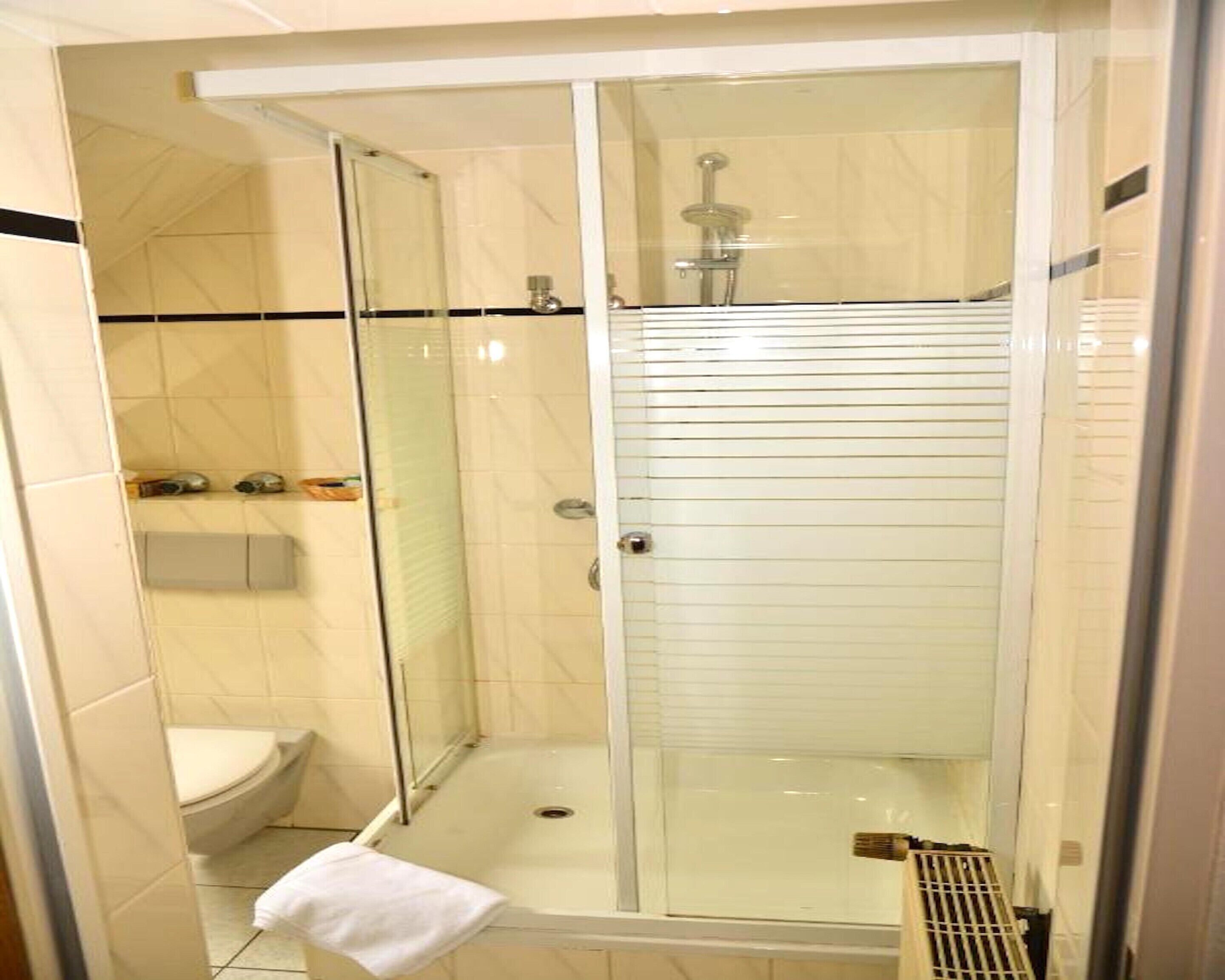 Une salle de bain moderne avec une douche à parois de verre, des toilettes et un porte-serviettes.