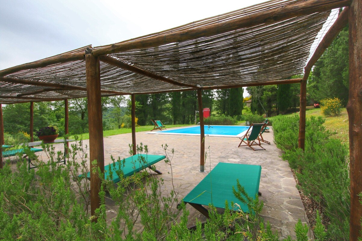 A covered outdoor area with a pool, lounge chairs, and greenery.