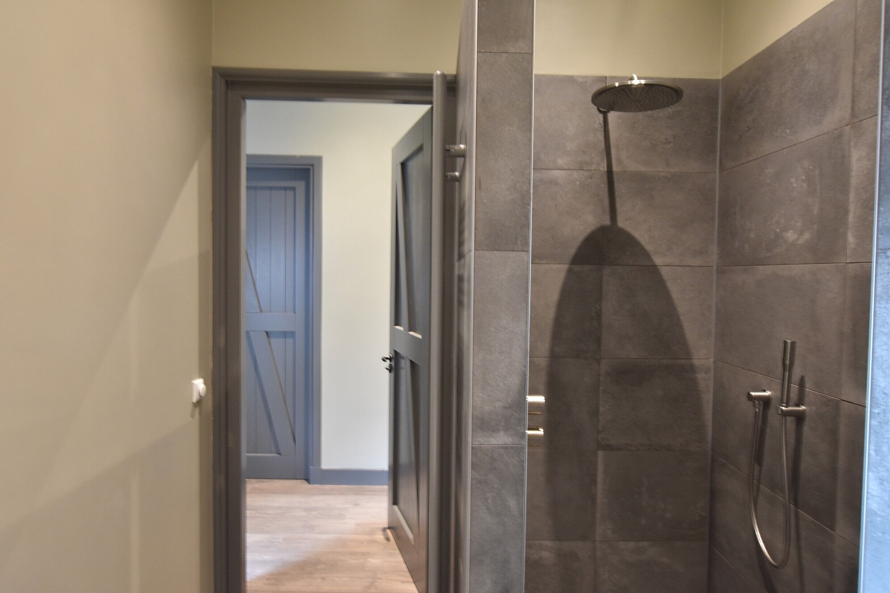 Un baño moderno con cabina de ducha de vidrio, ducha a la vista y puerta que da a otra habitación.