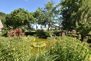 Um jardim tranquilo com lago, vegetação exuberante e plantas floridas.