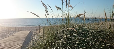 A wooden boardwalk leading to a beach with tall grasses in the foreground.