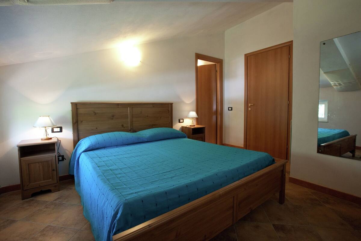 A bedroom with a wooden bed, two bedside tables with lamps, a wardrobe, and a large mirror on the wall.