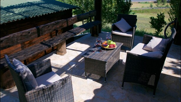Un espacio al aire libre con mobiliario de mimbre, una mesa con frutas y copas de vino, y vistas a un paisaje verde.
