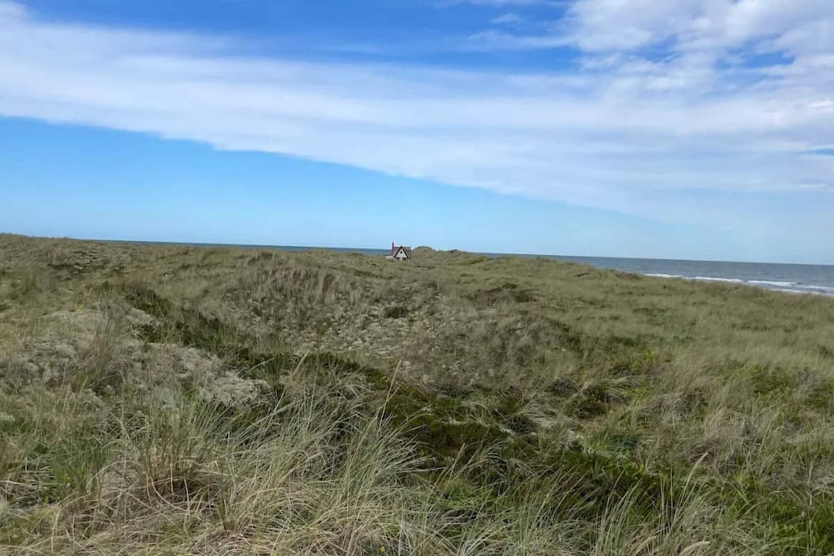 Un paisaje con césped y un pequeño edificio blanco a lo lejos.