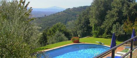 A swimming pool with a view of a mountainous landscape, surrounded by greenery and a clear sky.