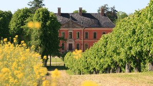 Un grand bâtiment rouge à la façade symétrique, doté d’une entrée centrale, et entouré d’arbres verdoyants et d’un champ de fleurs jaunes.