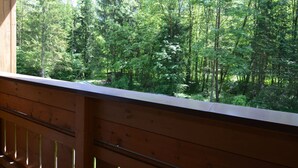 A wooden cabin with a large window overlooking a dense forest.