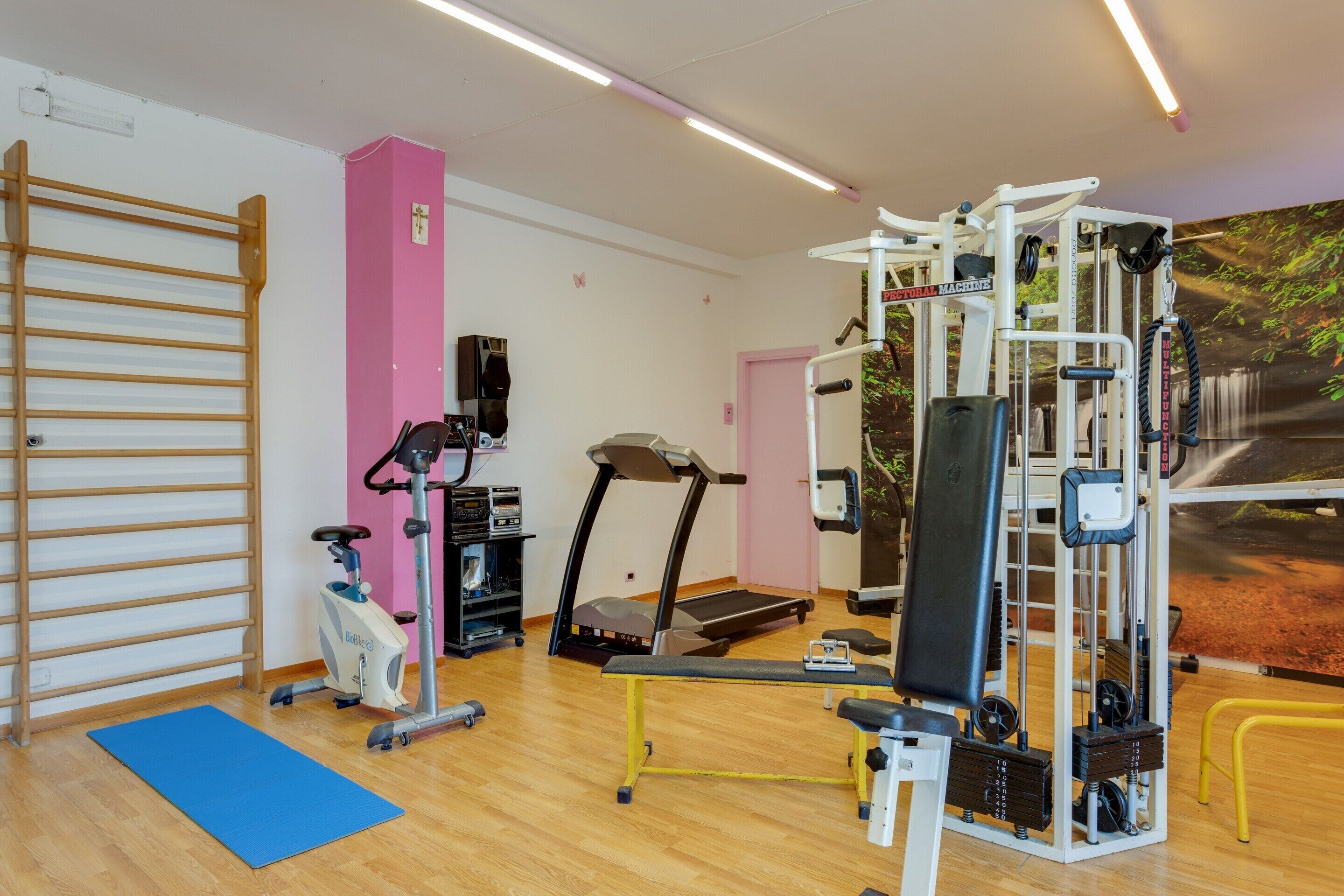 A gym with exercise equipment, a treadmill, and a blue mat.