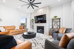 TV, fireplace, foosball