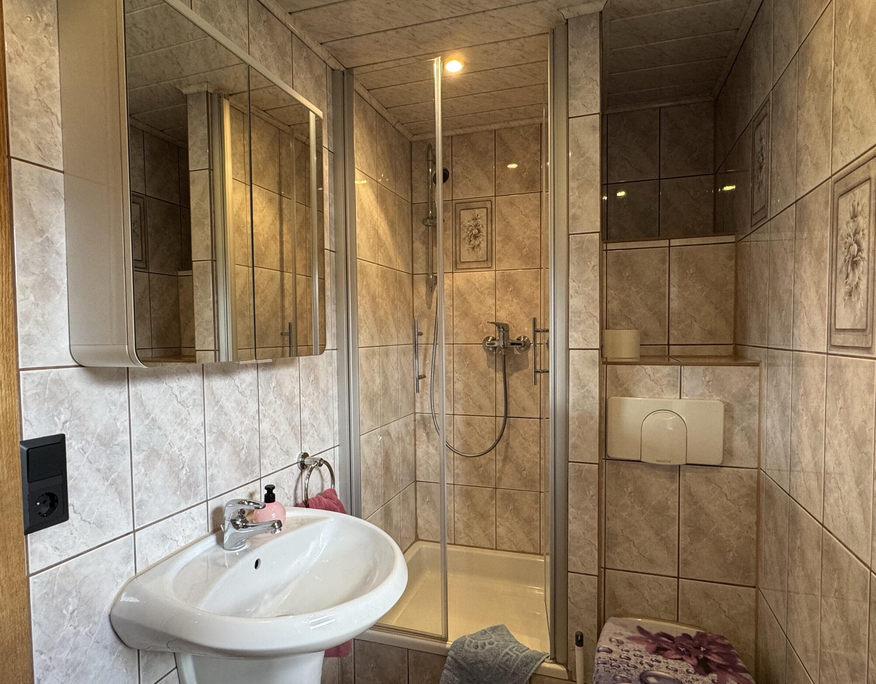 Een badkamer met een douche met glazen wand, een witte wastafel en een spiegel.