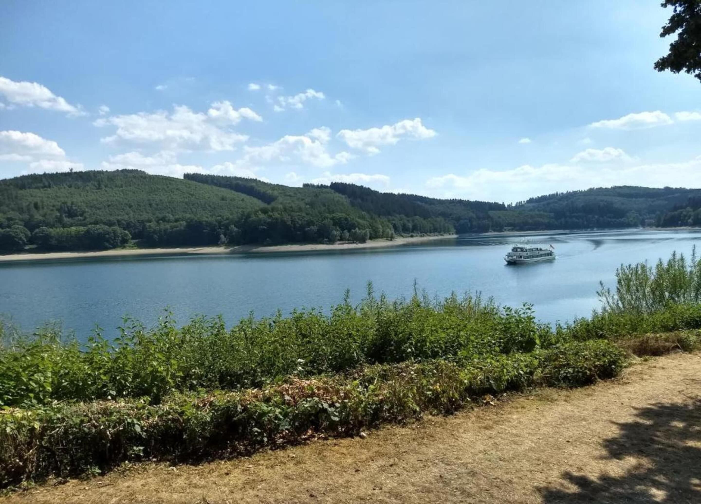 A river with a boat, surrounded by forested hills and a grassy area.