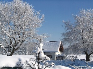 A snow-covered landscape with a house, trees, and a clear blue sky. - Alluring Holiday Home in Ubersee With Whirlpool (Uebersee)
