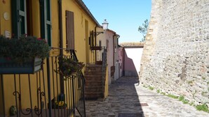 A narrow cobblestone street flanked by yellow buildings with green shutters and a stone wall. - Lovely Holiday Home in Monte Colombo on Farm (Montescudo)