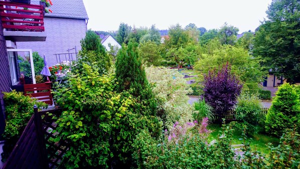 Un quartier résidentiel avec une grande variété d’arbres et un petit étang.