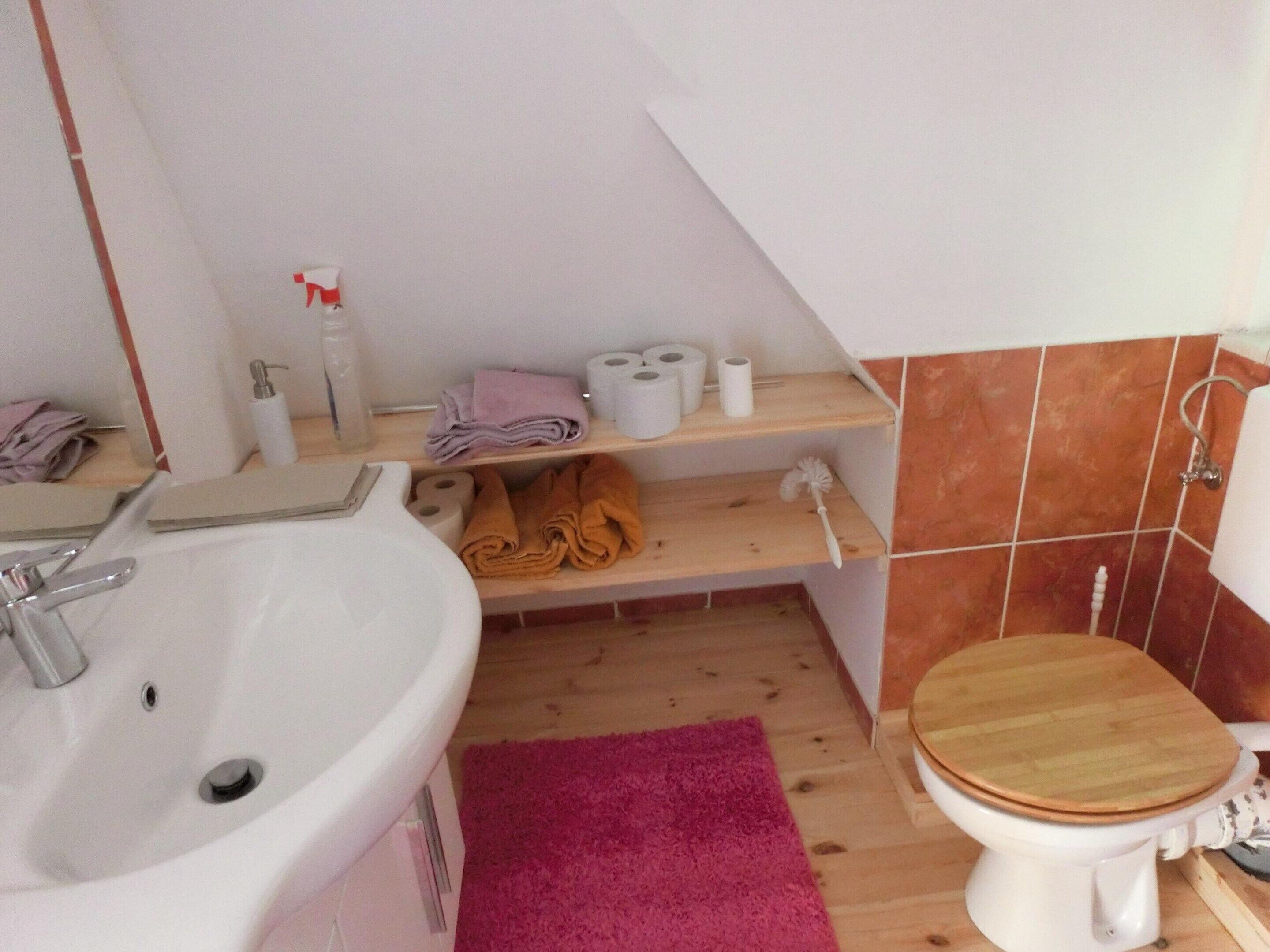 Une salle de bain avec un lavabo blanc, des toilettes en bois et une étagère contenant des serviettes et des articles de toilette.