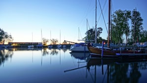 A marina with boats docked, calm water, and trees in the background. - Unterkunft in Monkebude mit Eigenem Garten (Monkebude)
