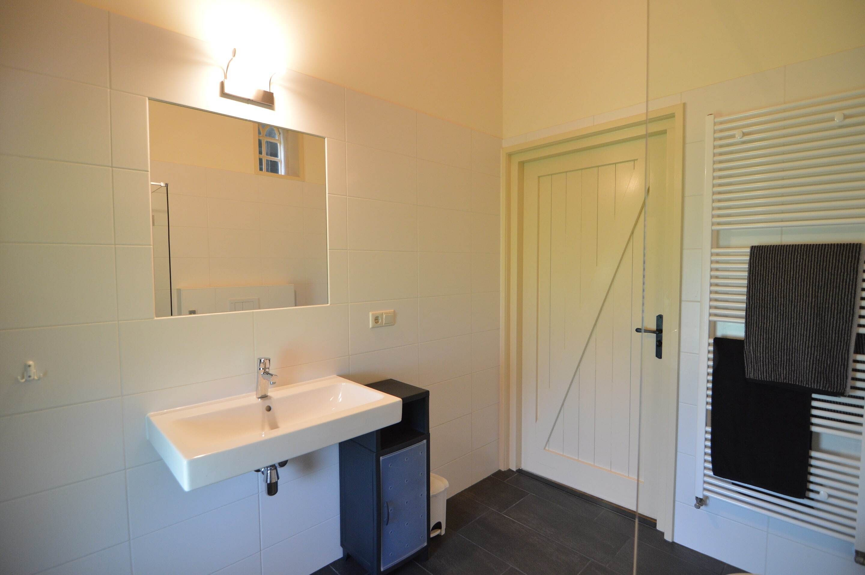 A bathroom with a white sink, mirror, and a door with a towel rack.