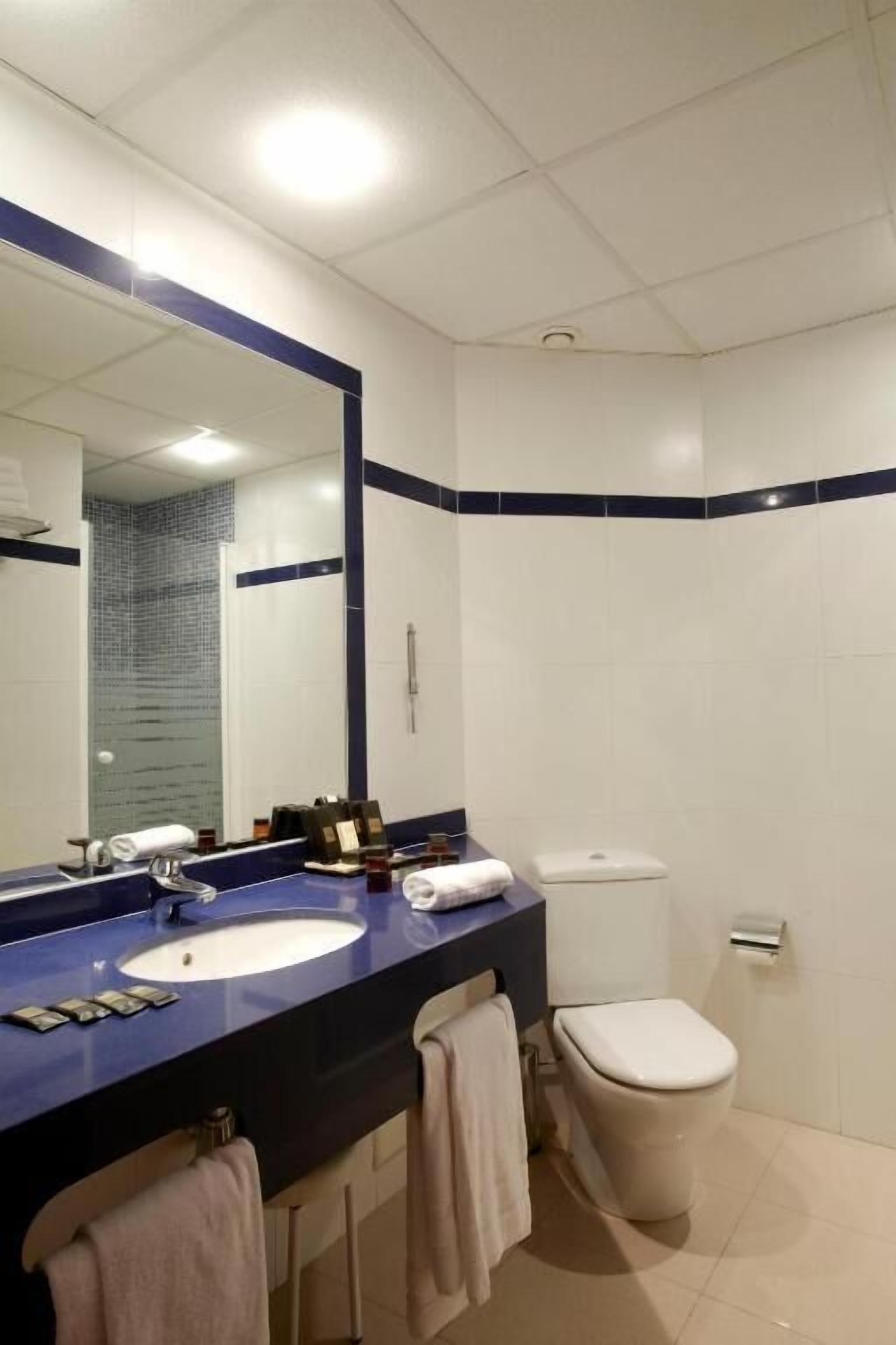 Et badeværelse med et stort spejl, en vask, toilet og et bruseområde.