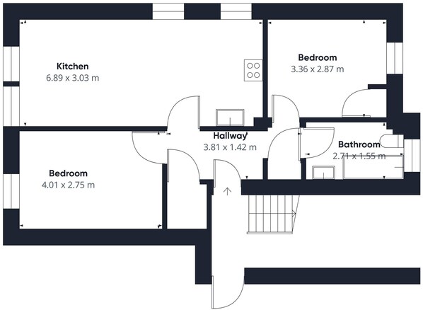 A floor plan with a kitchen measuring 6.89 x 3.03 m, a bedroom measuring 4.01 x 2.75 m, a bathroom measuring 2.71 x 1.55 m, and a hallway measuring 3.81 x 1.42 m. - Host & Stay | No.12 (Alnwick)