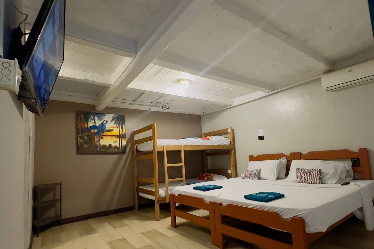 A room with two wooden bunk beds, a television mounted on the wall, and a painting on the wall.