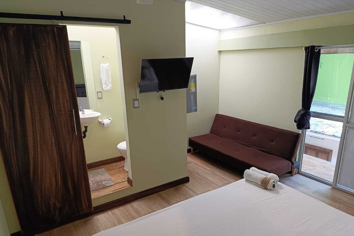 A room with a bed, a sofa, a television, a sink, and a toilet.