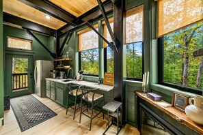 Fridge, coffee/tea maker, cookware/dishes/utensils - Brand New Treehouse with Stargazing Deck (Sevierville)