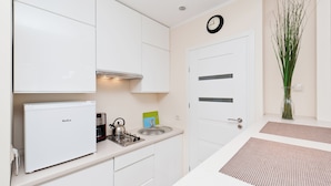 Cocina compacta con armarios blancos, un refrigerador Amica integrado, estufa a gas y un lavamanos.