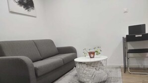 A living room with a grey sofa, a round coffee table with a plant, and a metal chair.
