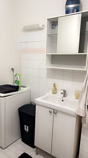 Hair dryer, towels, toilet paper