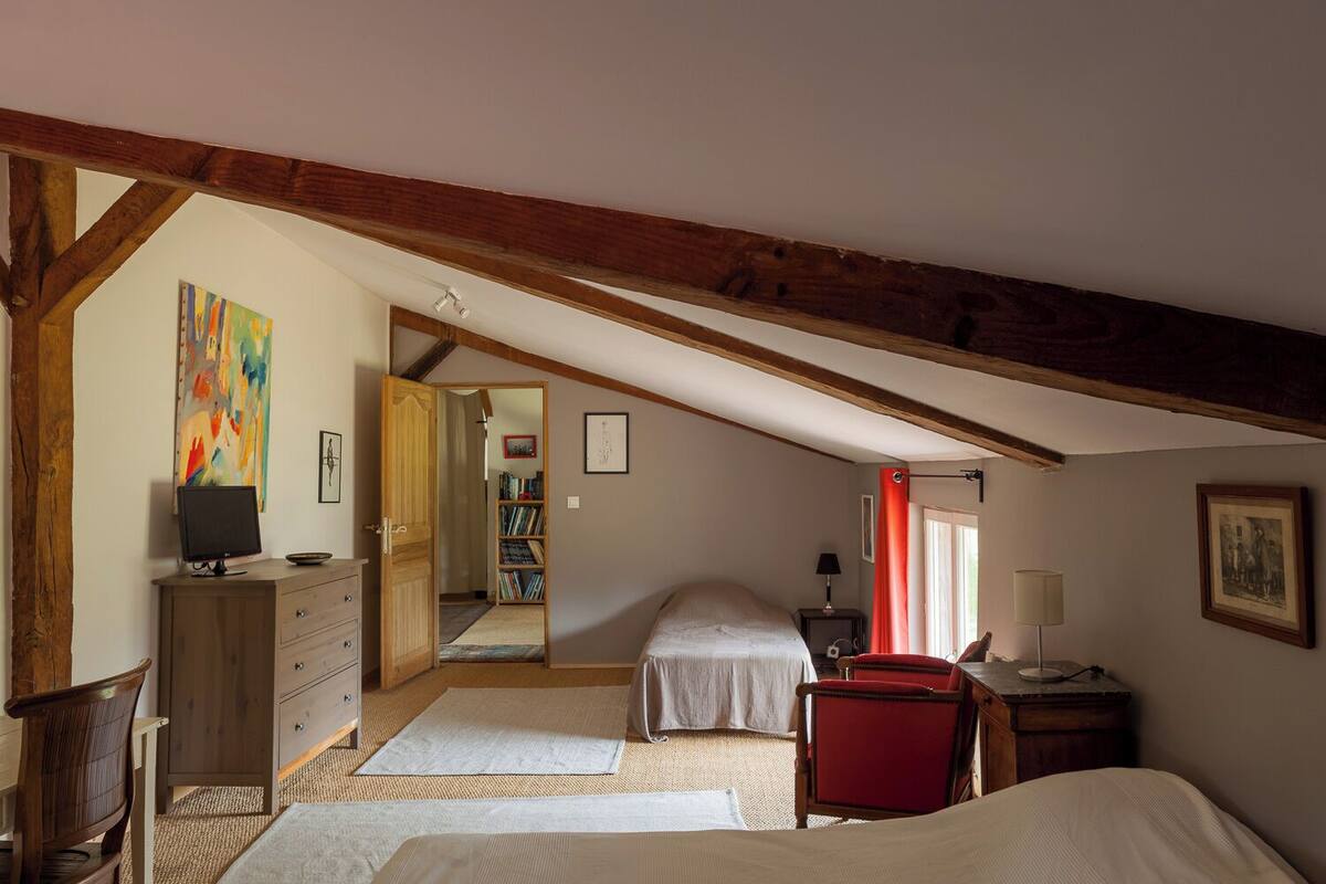 Desk, laptop workspace, blackout curtains, free WiFi