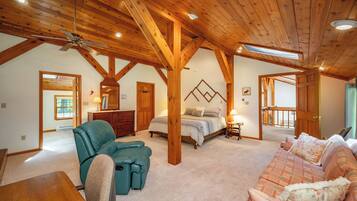 Smart TV, fireplace, books, offices