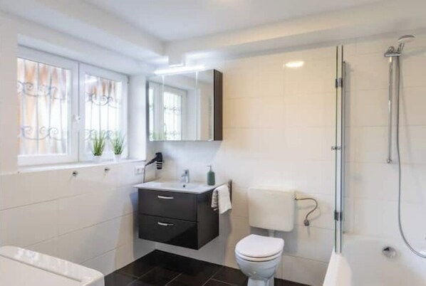 Shower, hair dryer, towels, soap
