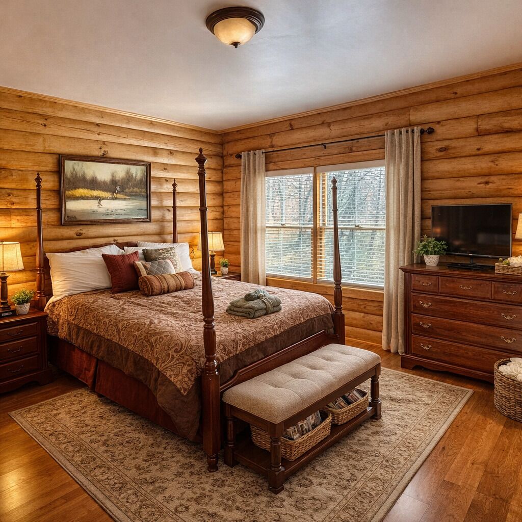 Une chambre située dans un chalet en rondins, avec un lit à baldaquin, un banc, une télévision et une grande fenêtre avec des rideaux.