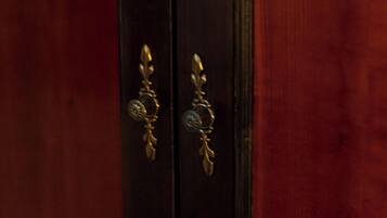 A dark wooden door with ornate brass handles.