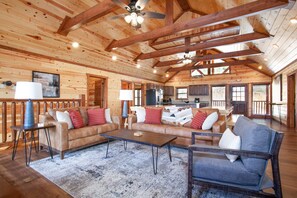 Smart TV, fireplace, books, stereo